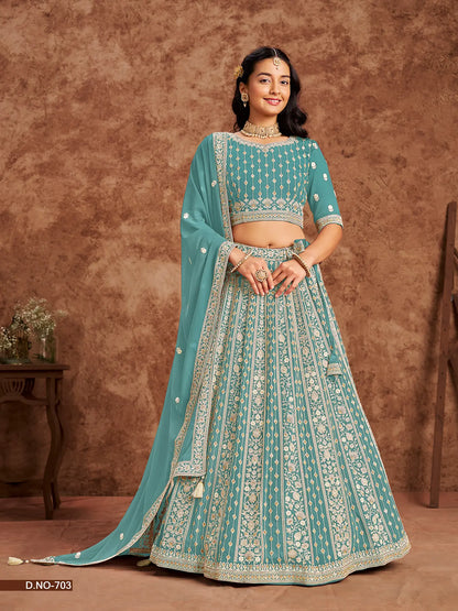 Dusty Teal Faux Georgette Lehenga Choli With Thread And Sequins Work