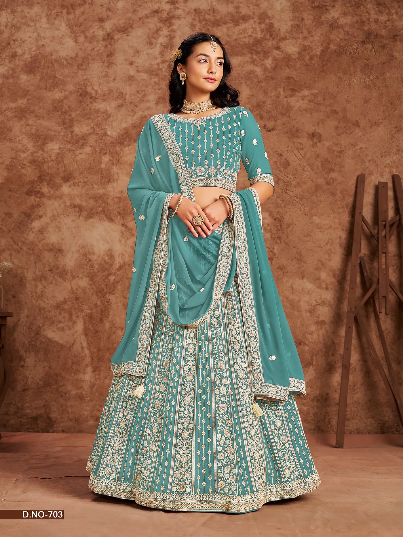 Dusty Teal Faux Georgette Lehenga Choli With Thread And Sequins Work