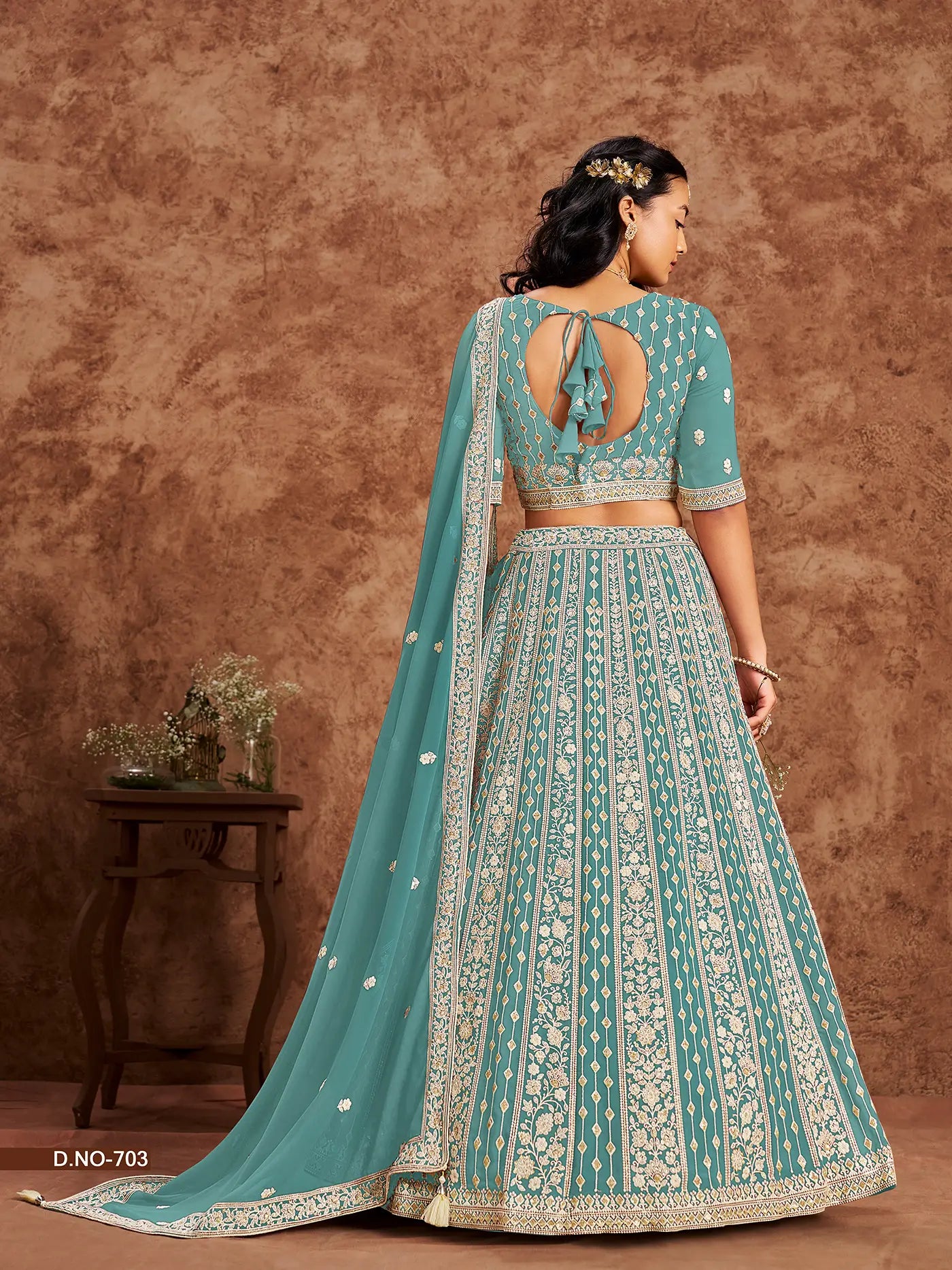 Dusty Teal Faux Georgette Lehenga Choli With Thread And Sequins Work