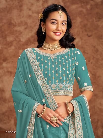 Dusty Teal Faux Georgette Lehenga Choli With Thread And Sequins Work