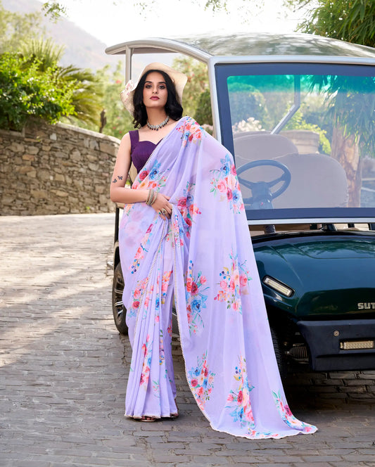 Lavender Weightless Marbal Saree With Floral Print & Lace Border