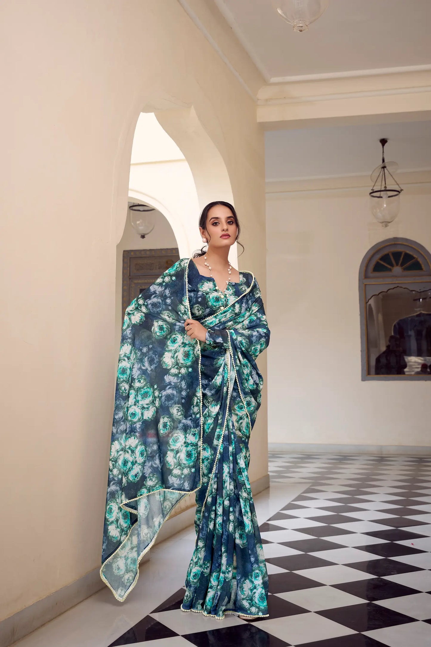 Navy Blue Weightless Marbal Saree With  Pearl Lace Border & Floral Print