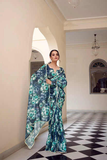 Navy Blue Weightless Marbal Saree With  Pearl Lace Border & Floral Print