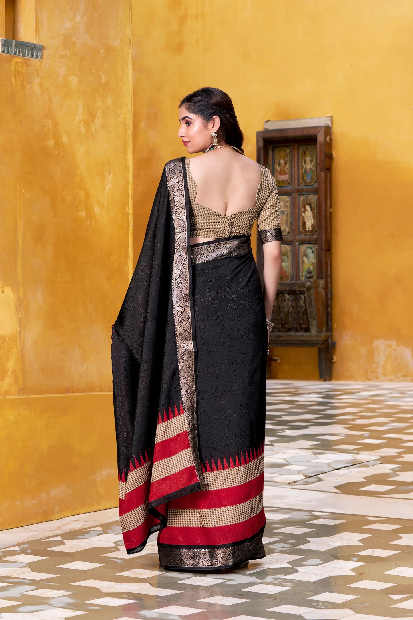 Black Poly Cotton Saree With Print & Zari Weaving Work