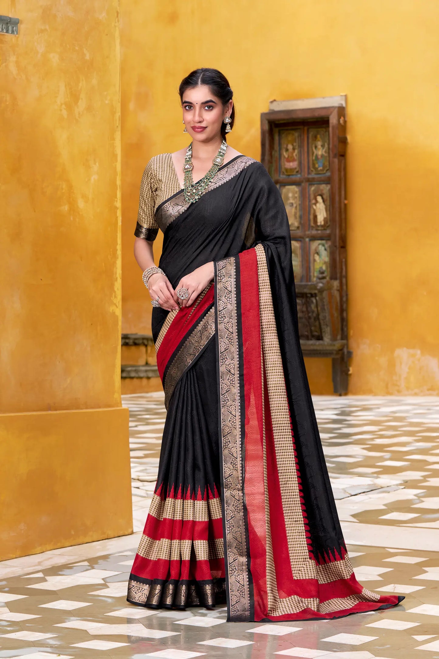 Black Poly Cotton Saree With Print & Zari Weaving Work