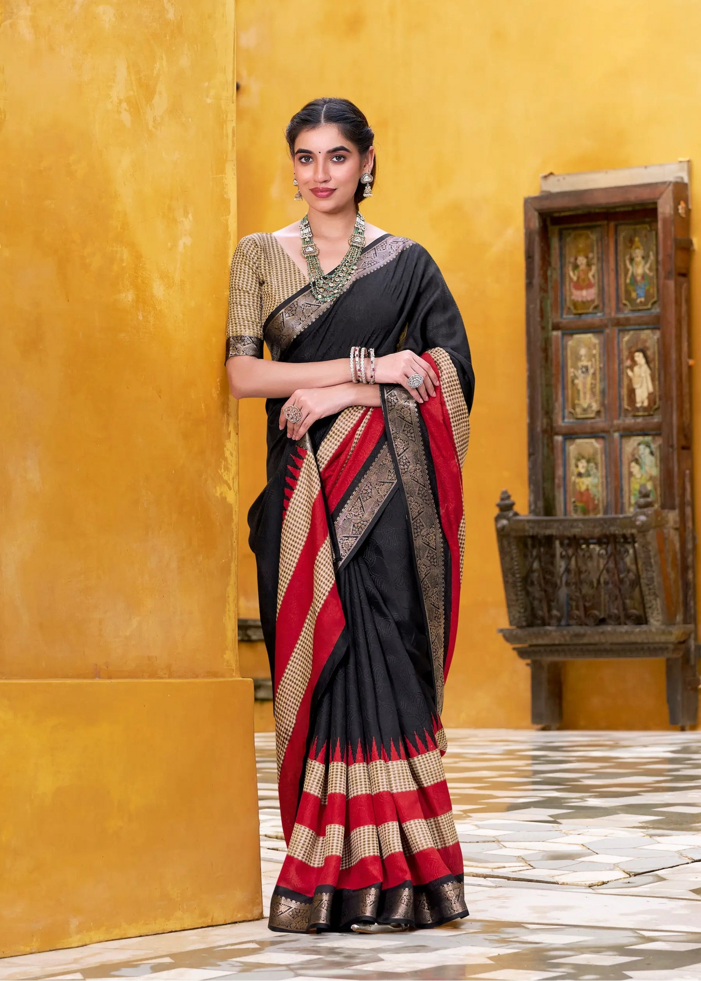 Black Poly Cotton Saree With Print & Zari Weaving Work