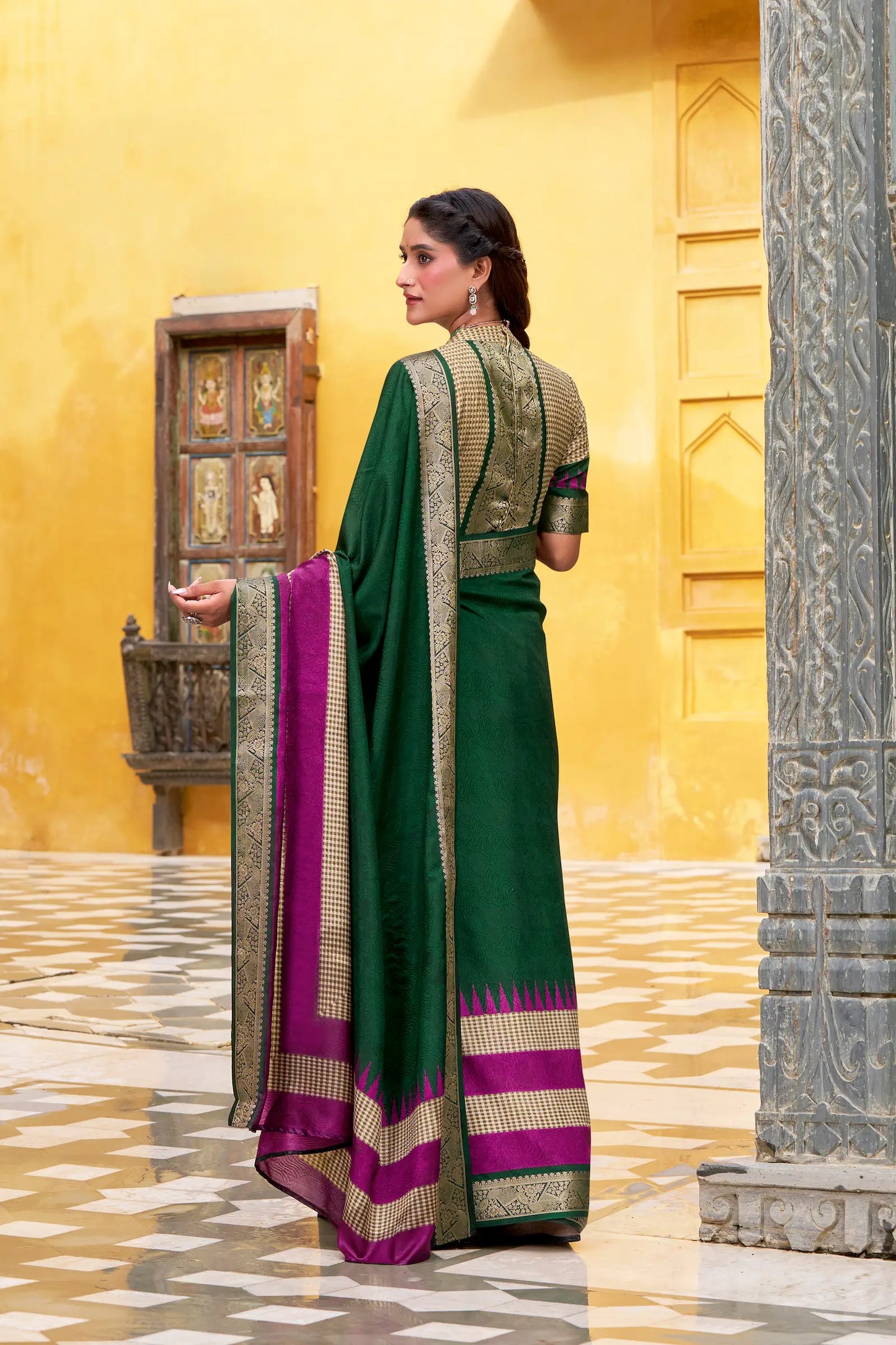 Green Poly Cotton Saree With Print & Zari Weaving Work