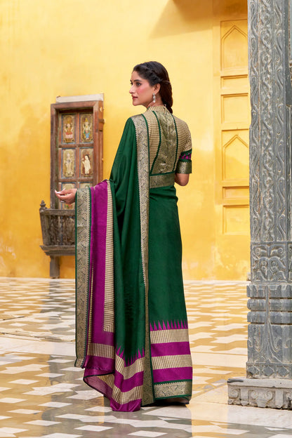 Green Poly Cotton Saree With Print & Zari Weaving Work
