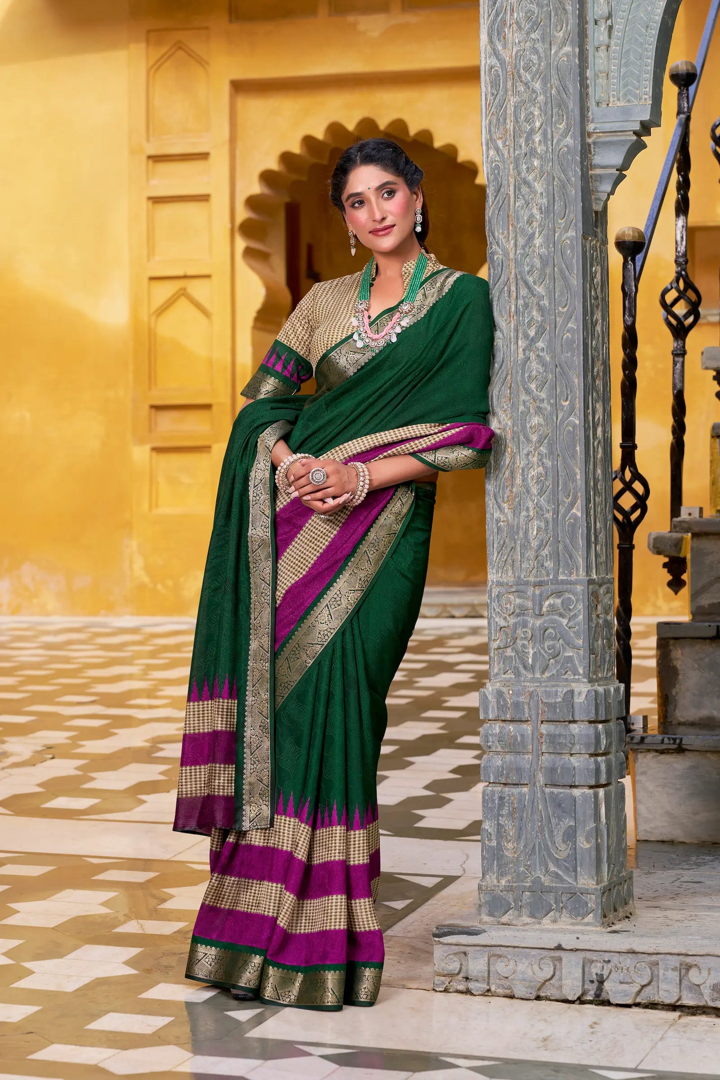 Green Poly Cotton Saree With Print & Zari Weaving Work