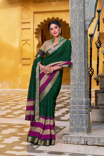 Green Poly Cotton Saree With Print & Zari Weaving Work