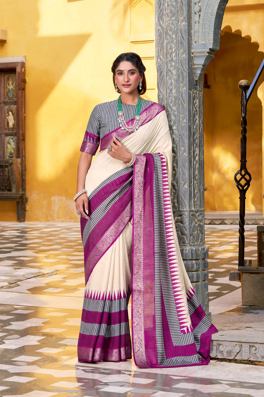 Beige Poly Cotton Saree With Print & Zari Weaving Work