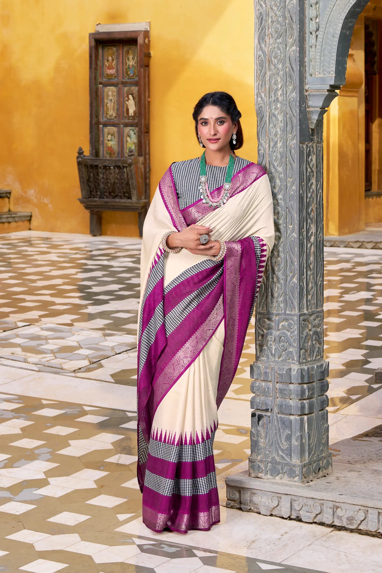 Beige Poly Cotton Saree With Print & Zari Weaving Work