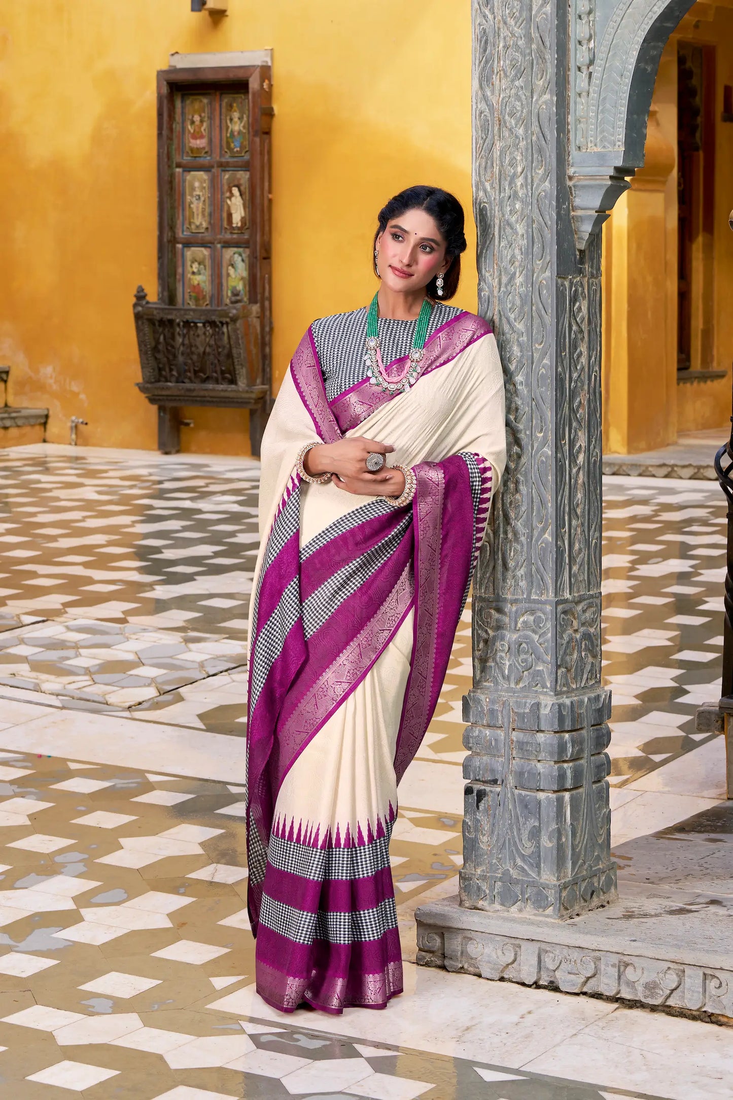 Beige Poly Cotton Saree With Print & Zari Weaving Work