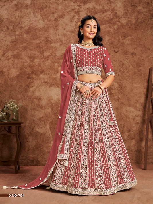 Dusty Red Designer Faux Georgette Lehenga Choli With Thread And Sequins Work