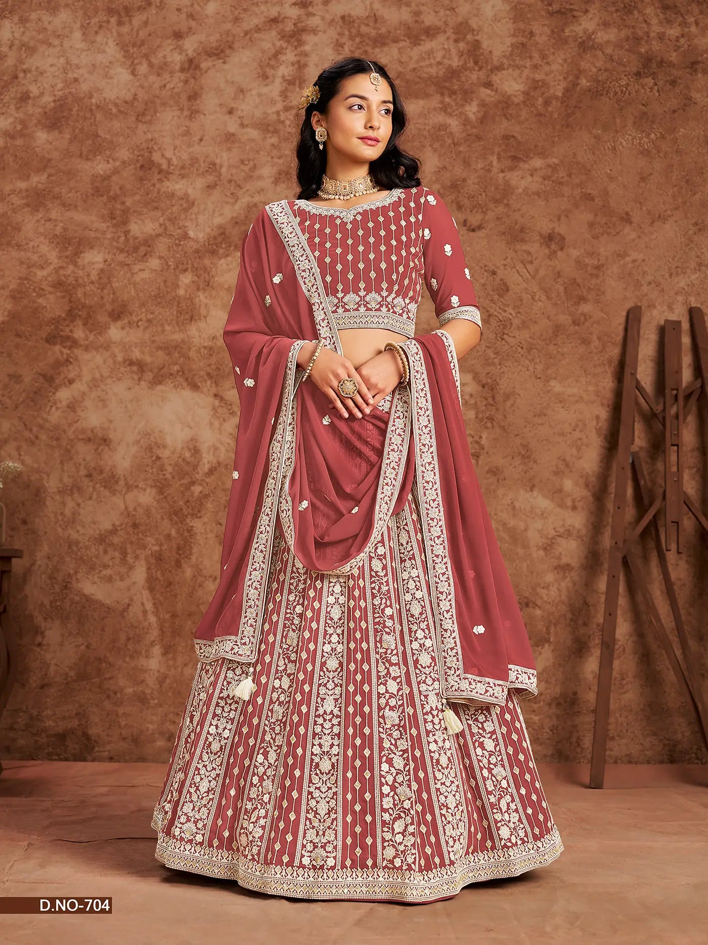 Dusty Red Designer Faux Georgette Lehenga Choli With Thread And Sequins Work