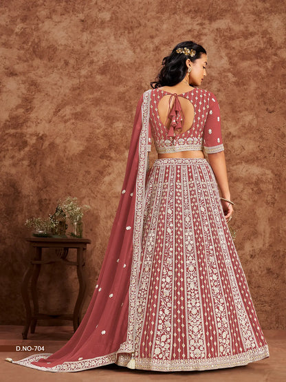 Dusty Red Designer Faux Georgette Lehenga Choli With Thread And Sequins Work