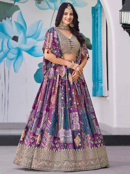 Purple Digital Print And Embroidery Work Lehenga With Choker Style Dupatta