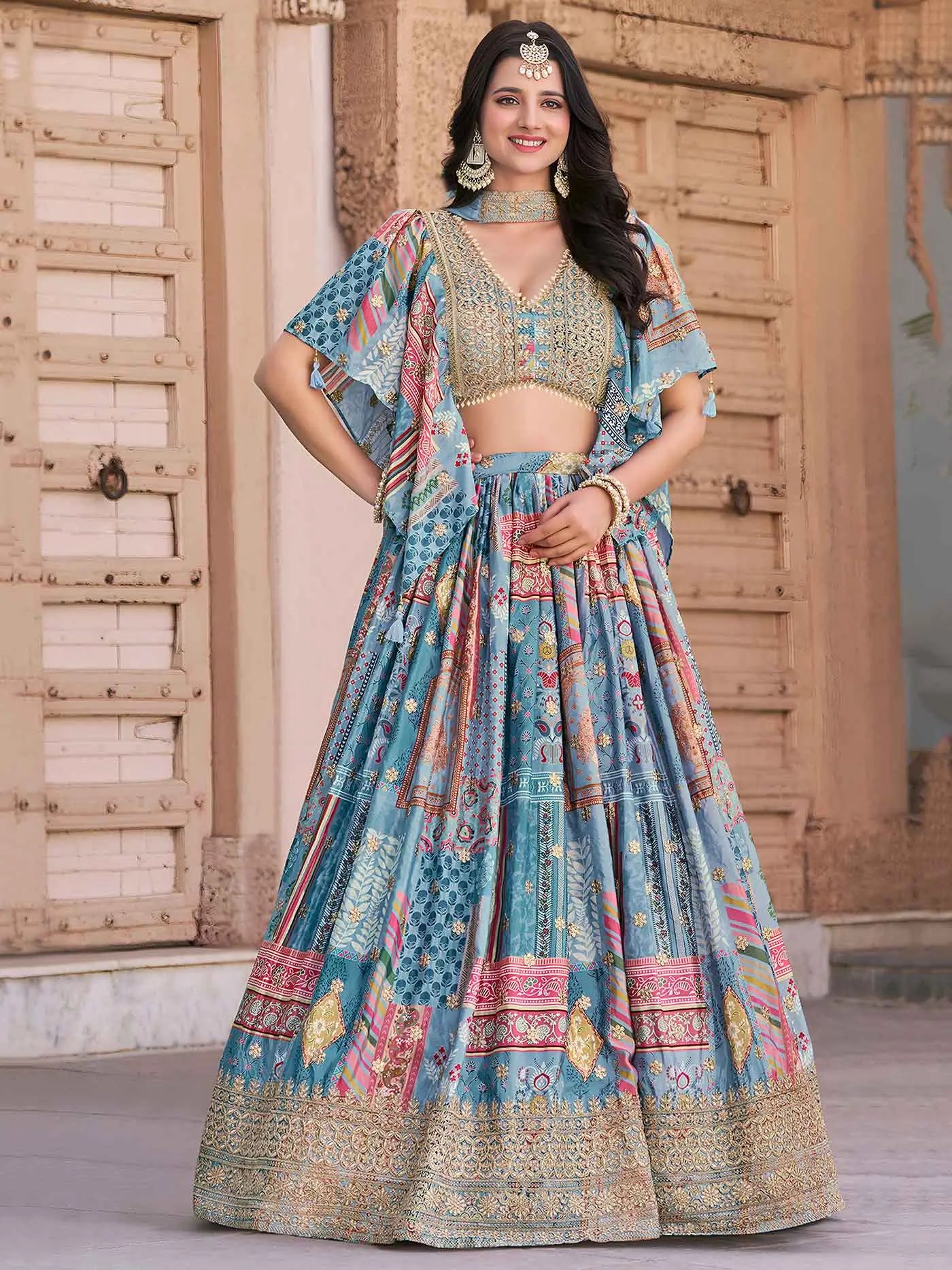 Sky Digital Print Embroidery Work Lehenga With Stylish Blouse With Pearl Work