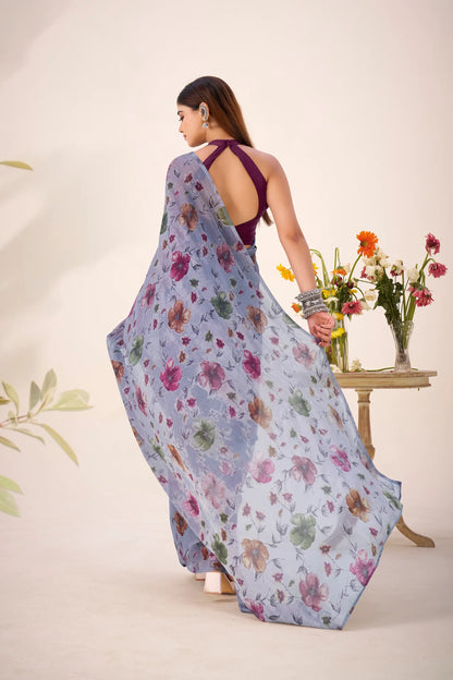 Cool Grey Lurex Brasso Floral Saree