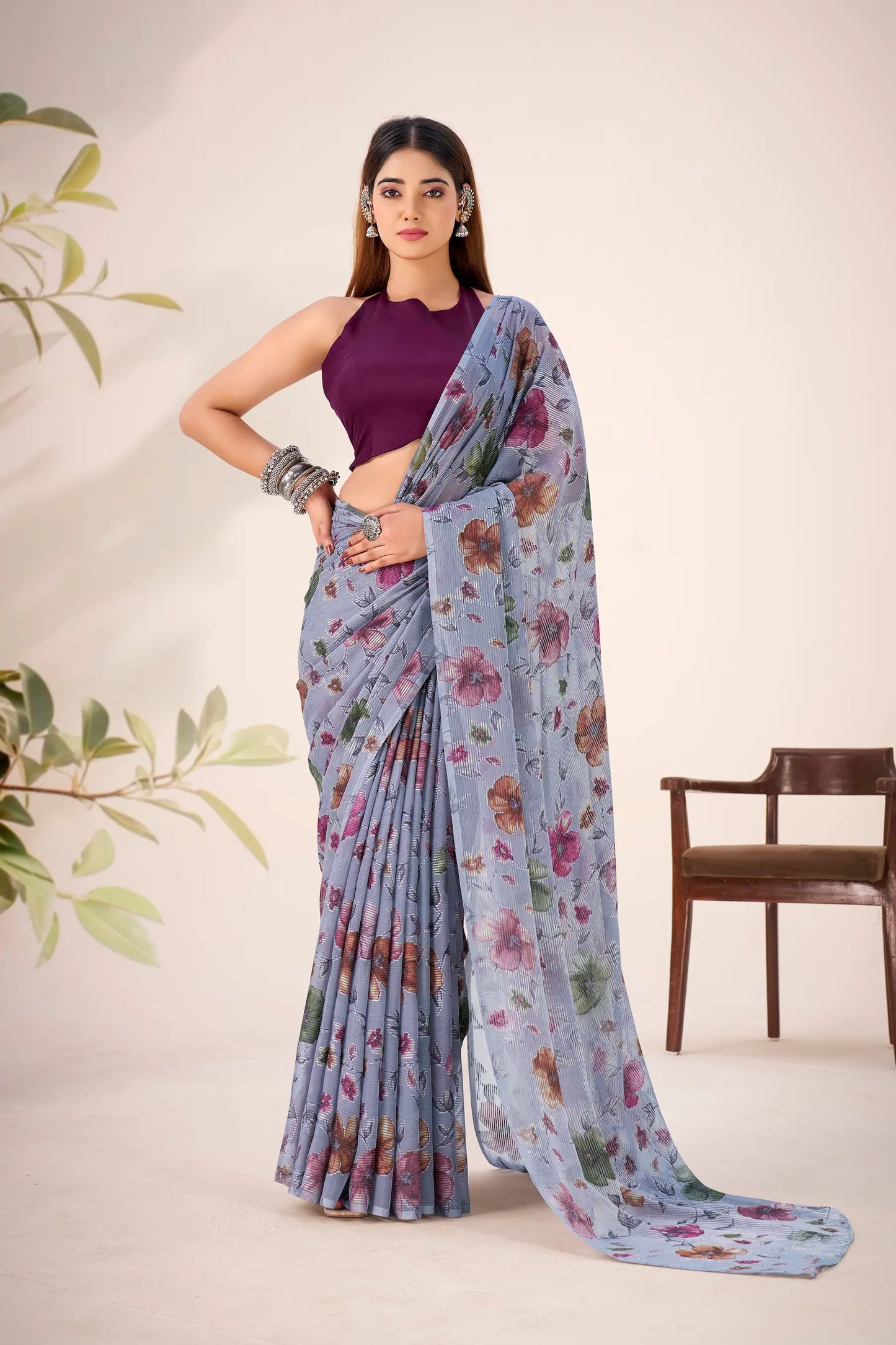 Cool Grey Lurex Brasso Floral Saree
