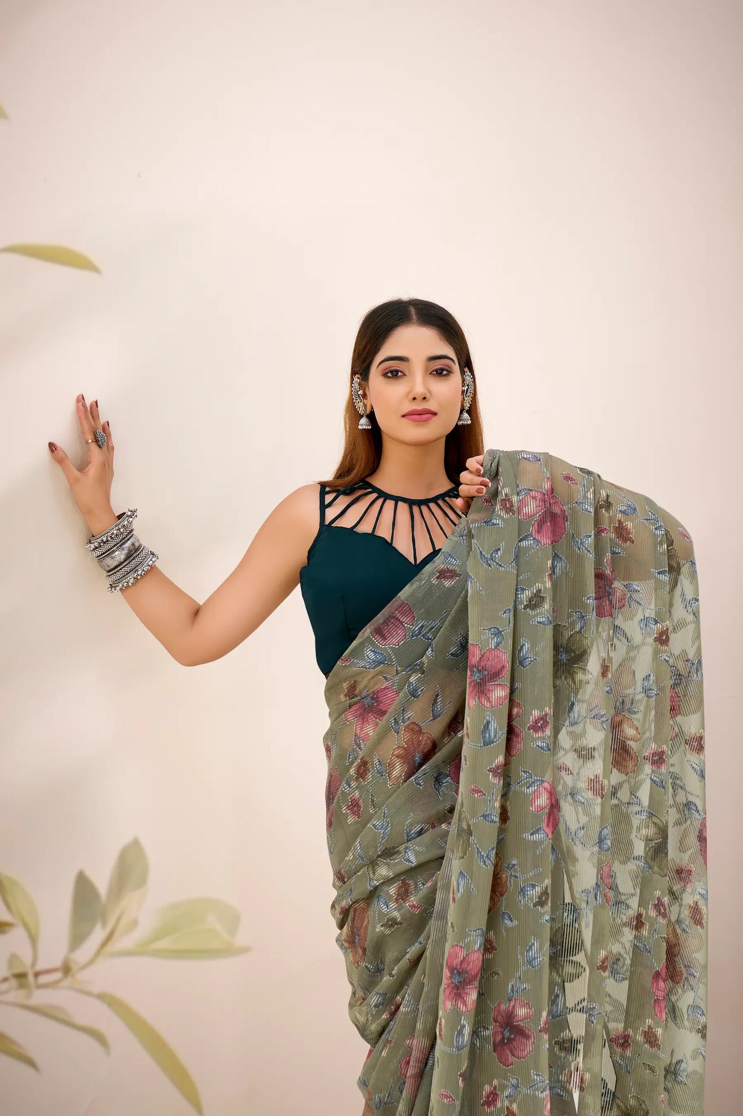 Olive Green Lurex Brasso Floral Saree