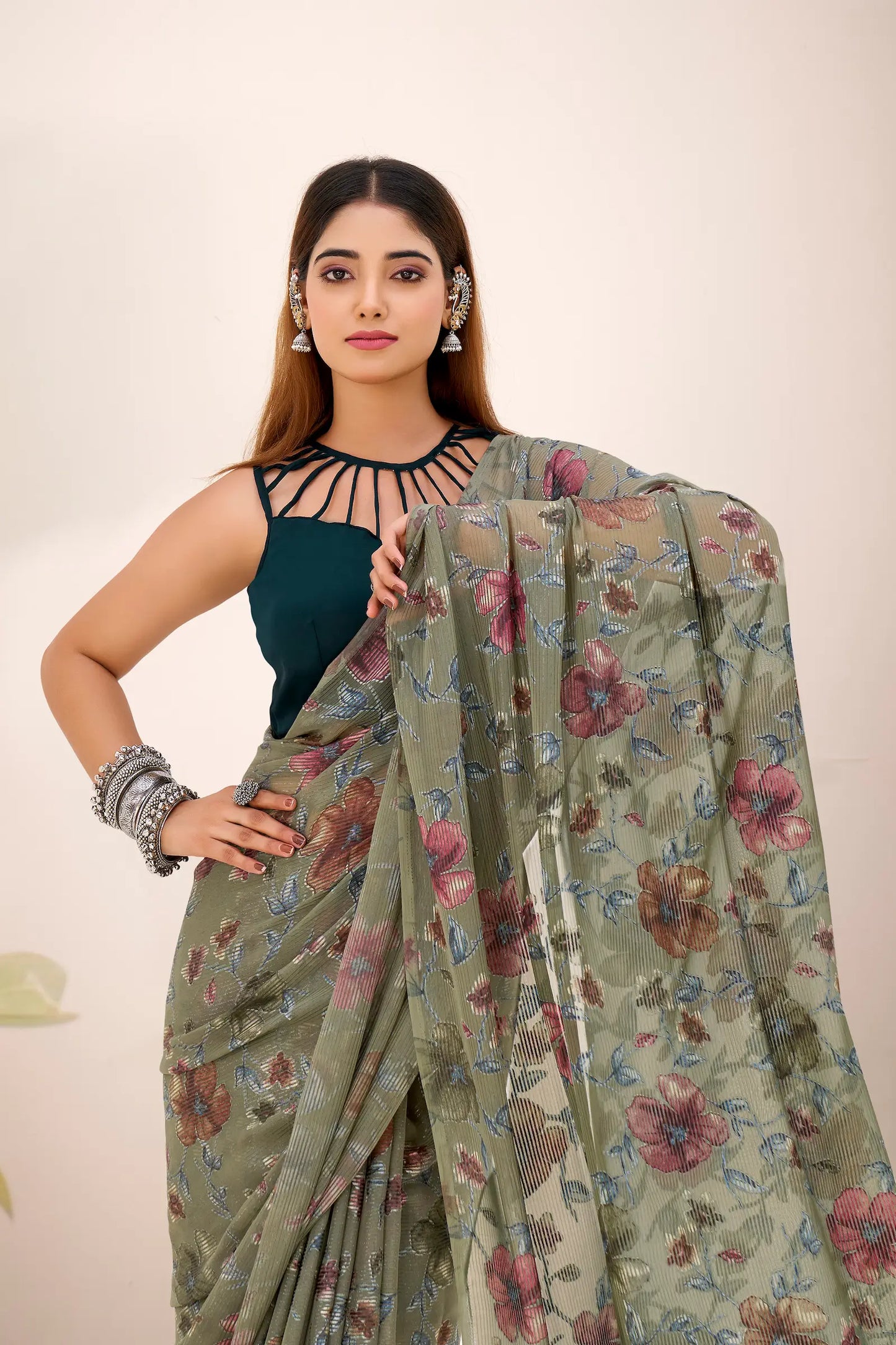 Olive Green Lurex Brasso Floral Saree