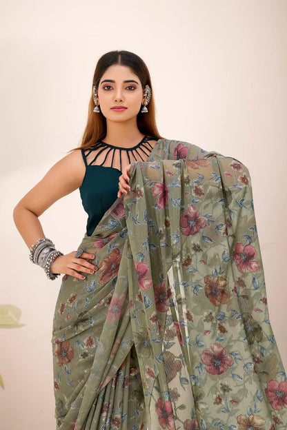 Olive Green Lurex Brasso Floral Saree