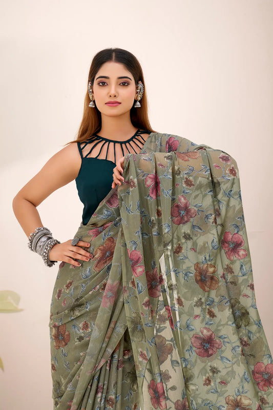 Olive Green Lurex Brasso Floral Saree