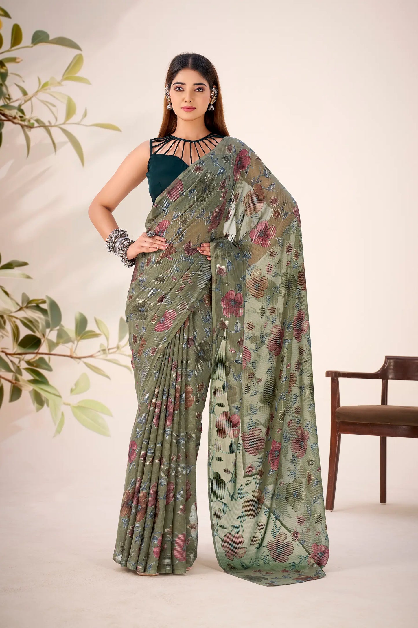 Olive Green Lurex Brasso Floral Saree