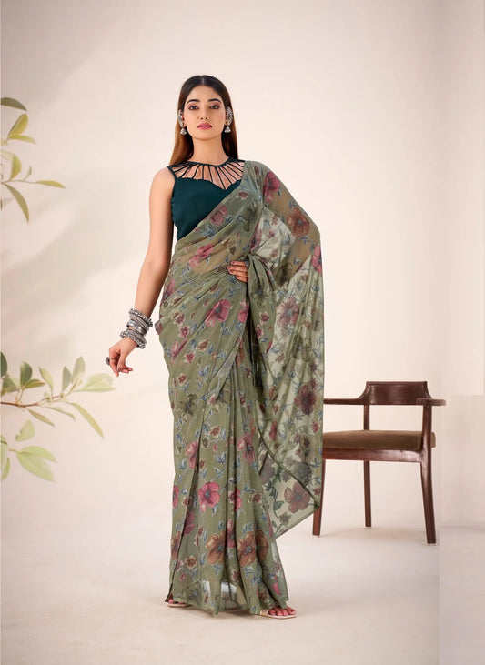 Olive Green Lurex Brasso Floral Saree