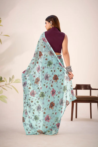Aqua Blue Lurex Brasso Floral Saree