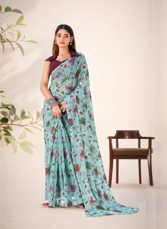 Aqua Blue Lurex Brasso Floral Saree