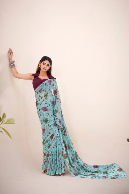 Aqua Blue Lurex Brasso Floral Saree