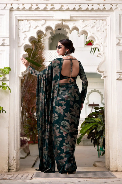 Bottle Green Floral Lurex Brasso Saree