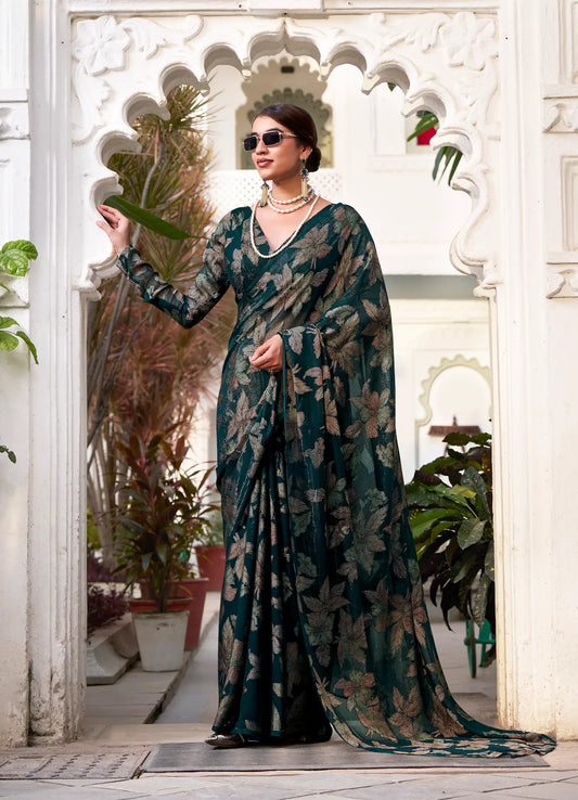 Bottle Green Floral Lurex Brasso Saree