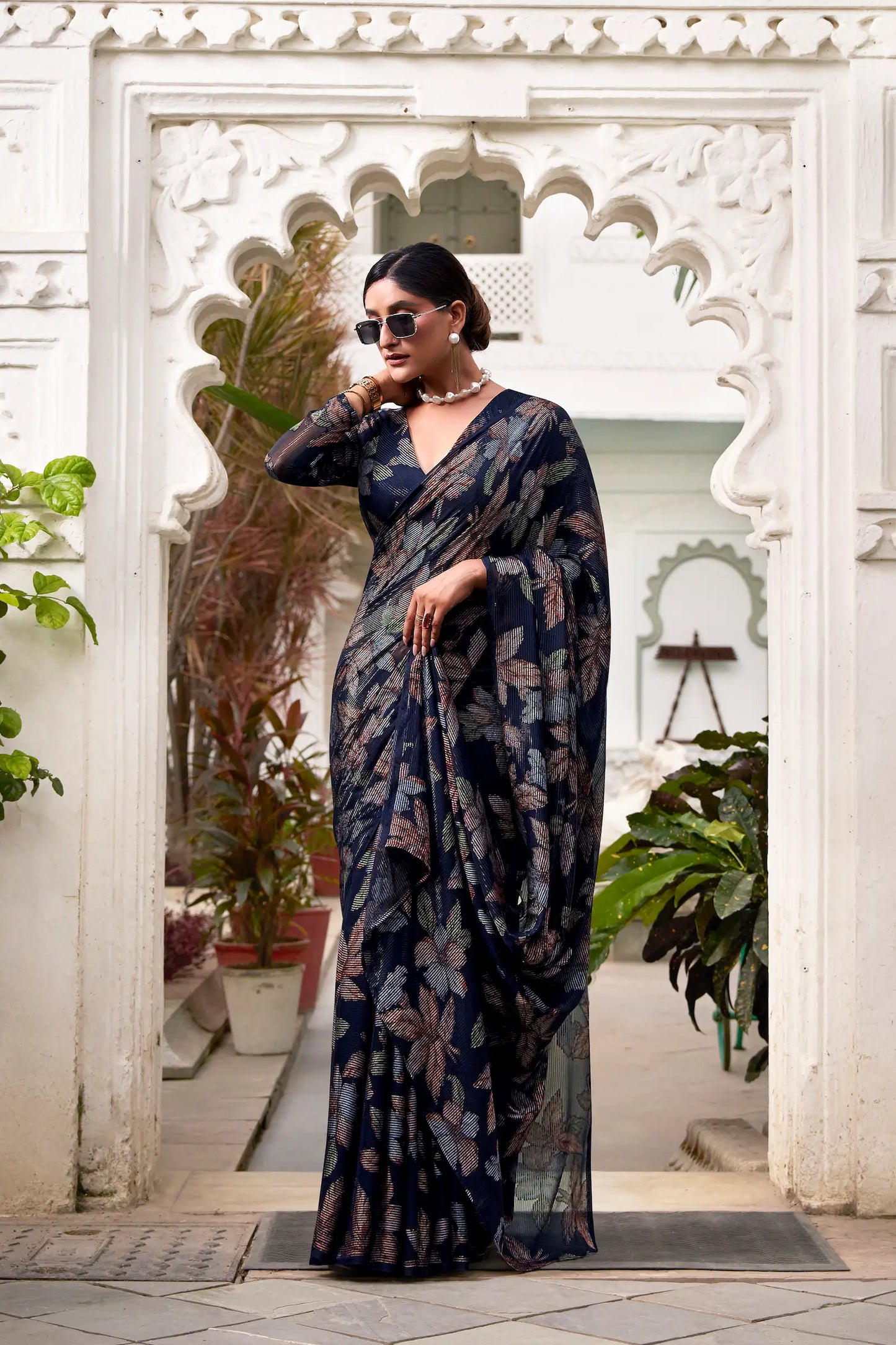 Navy Blue Floral Lurex Brasso Saree