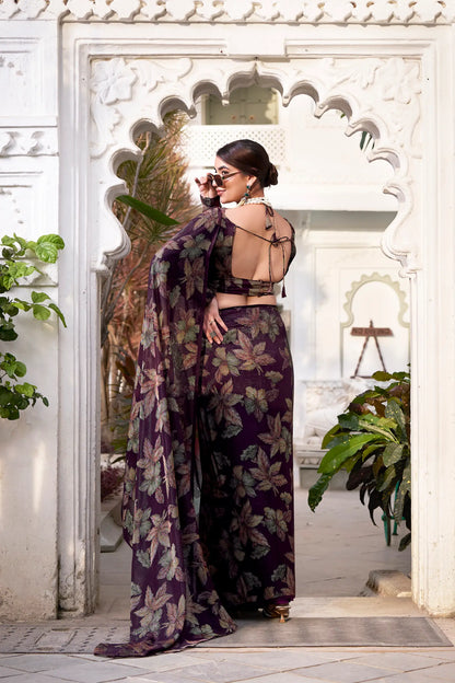 Dark Wine Floral Lurex Brasso Saree