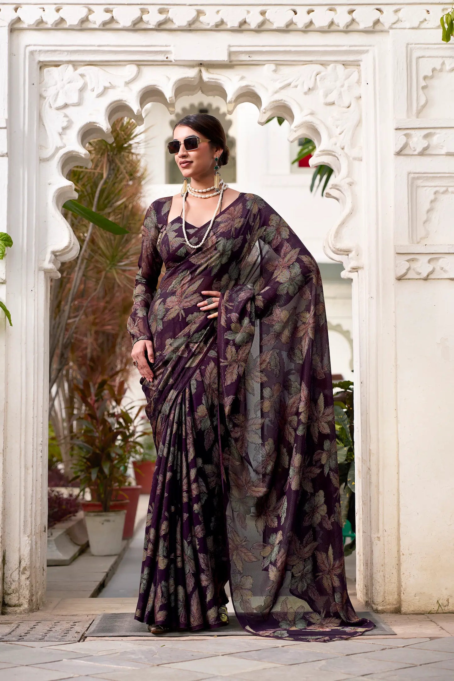 Dark Wine Floral Lurex Brasso Saree