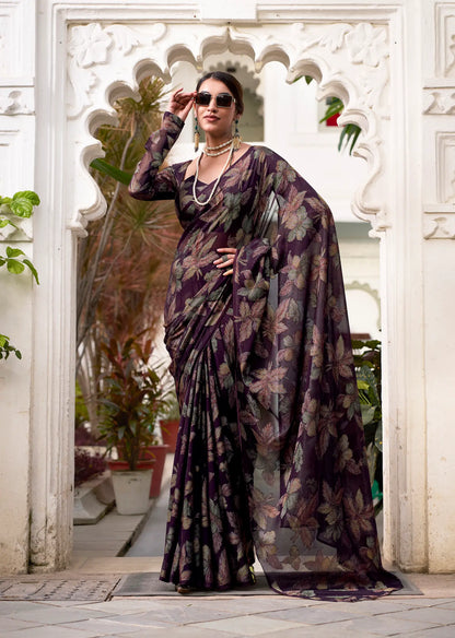 Dark Wine Floral Lurex Brasso Saree