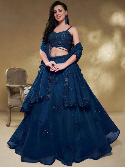 Navy Blue Georgette Embroidered Lehenga