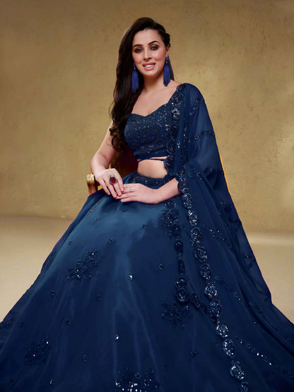 Navy Blue Georgette Embroidered Lehenga