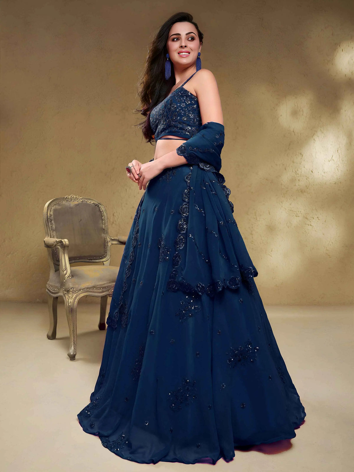 Navy Blue Georgette Embroidered Lehenga