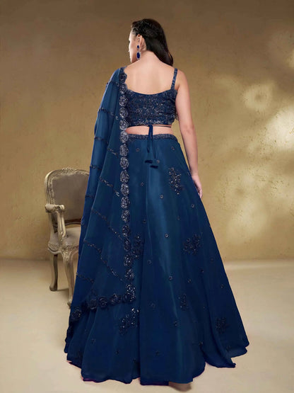Navy Blue Georgette Embroidered Lehenga