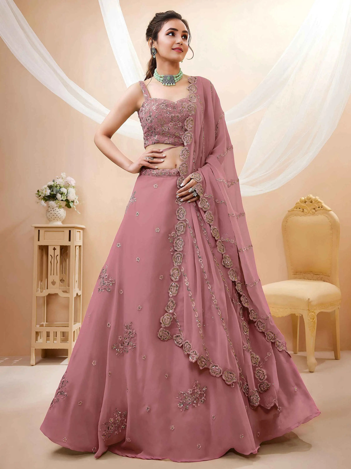 Peach Georgette Embroidered Lehenga
