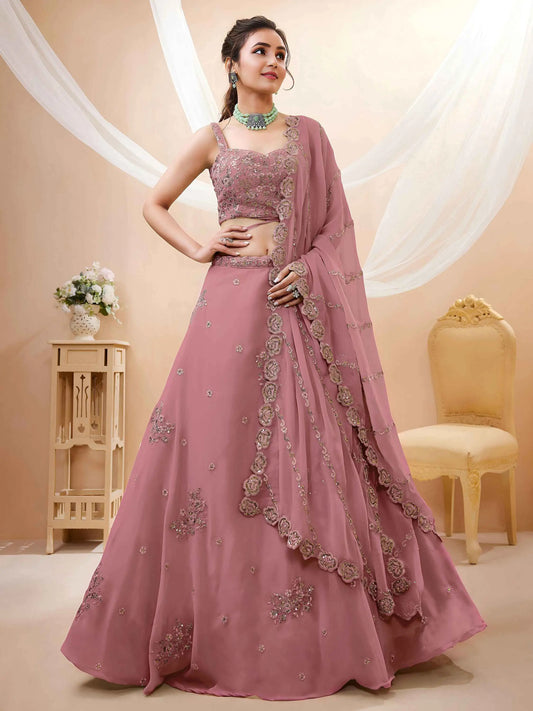 Peach Georgette Embroidered Lehenga