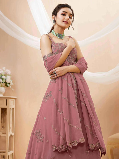 Peach Georgette Embroidered Lehenga
