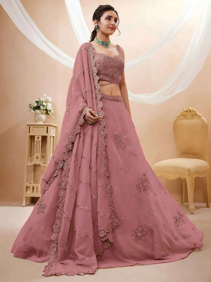 Peach Georgette Embroidered Lehenga