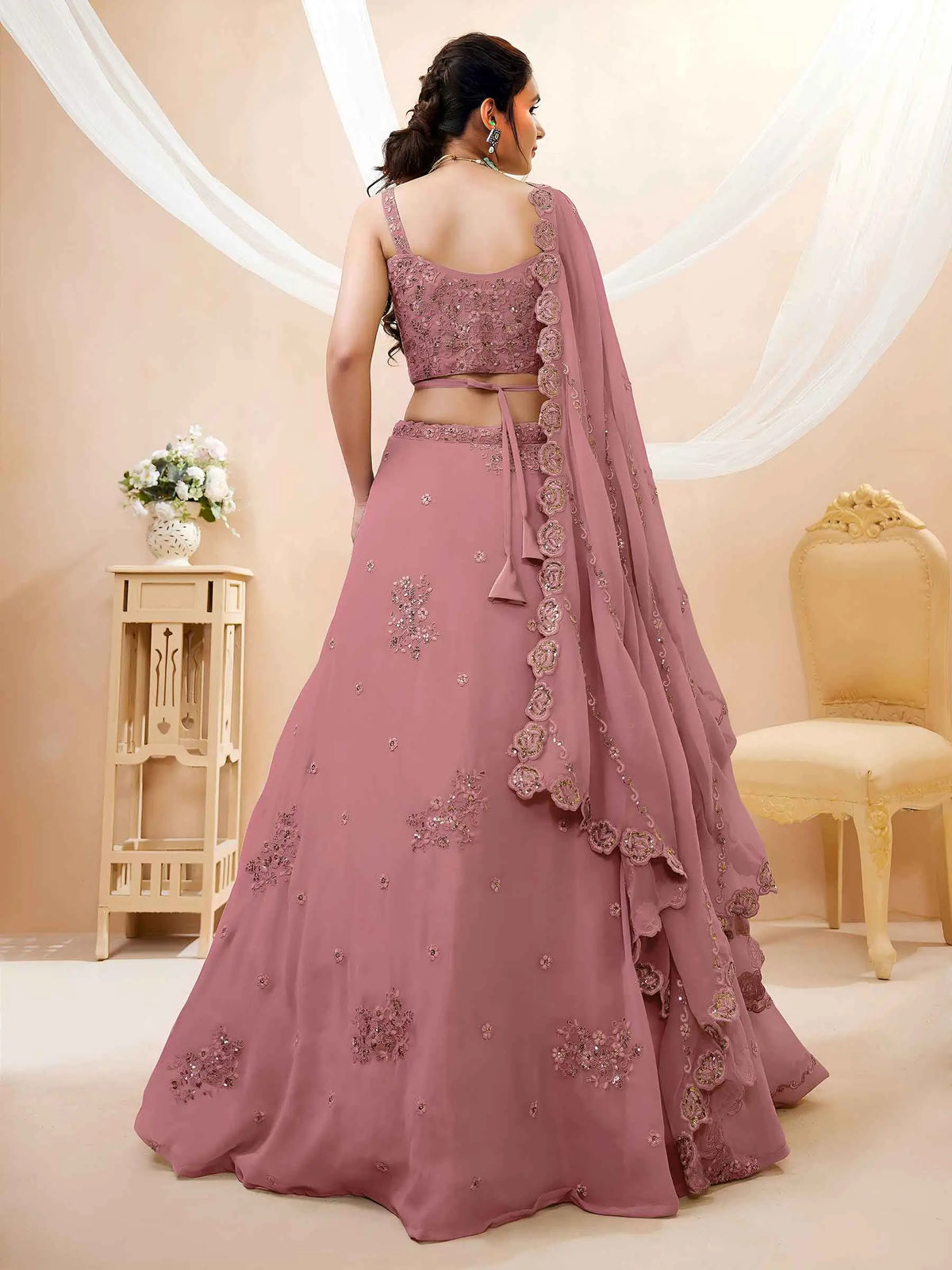 Peach Georgette Embroidered Lehenga