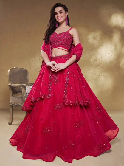 Pink Georgette Sequins Embroidered Lehenga