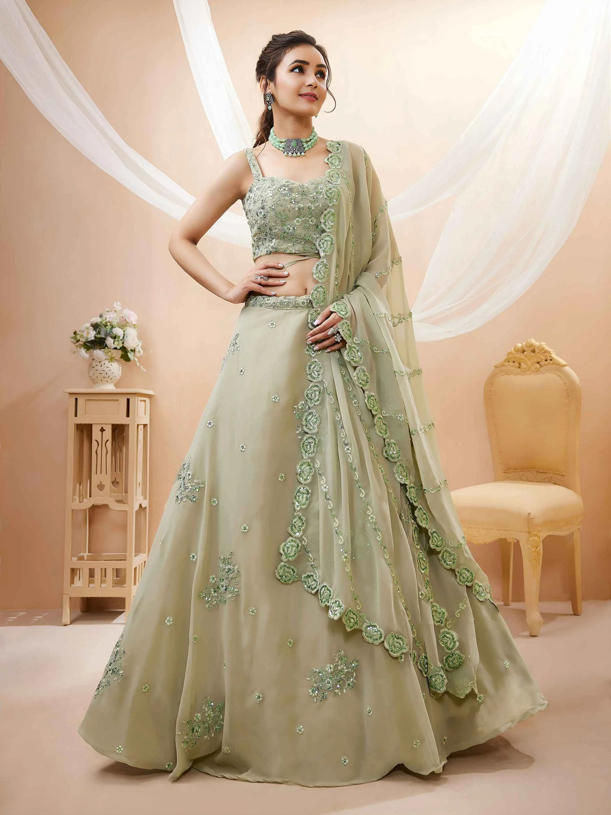 Pale Oyster Georgette Embroidered Lehenga